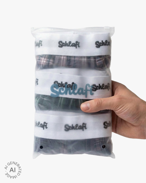 Dreier-Set „Schlafi“ Boxershorts in transparenter Reißverschluss-Tasche, von einer Hand gehalten. Sichtbar sind die karierten Designs und die weißen Logo-Bündchen.