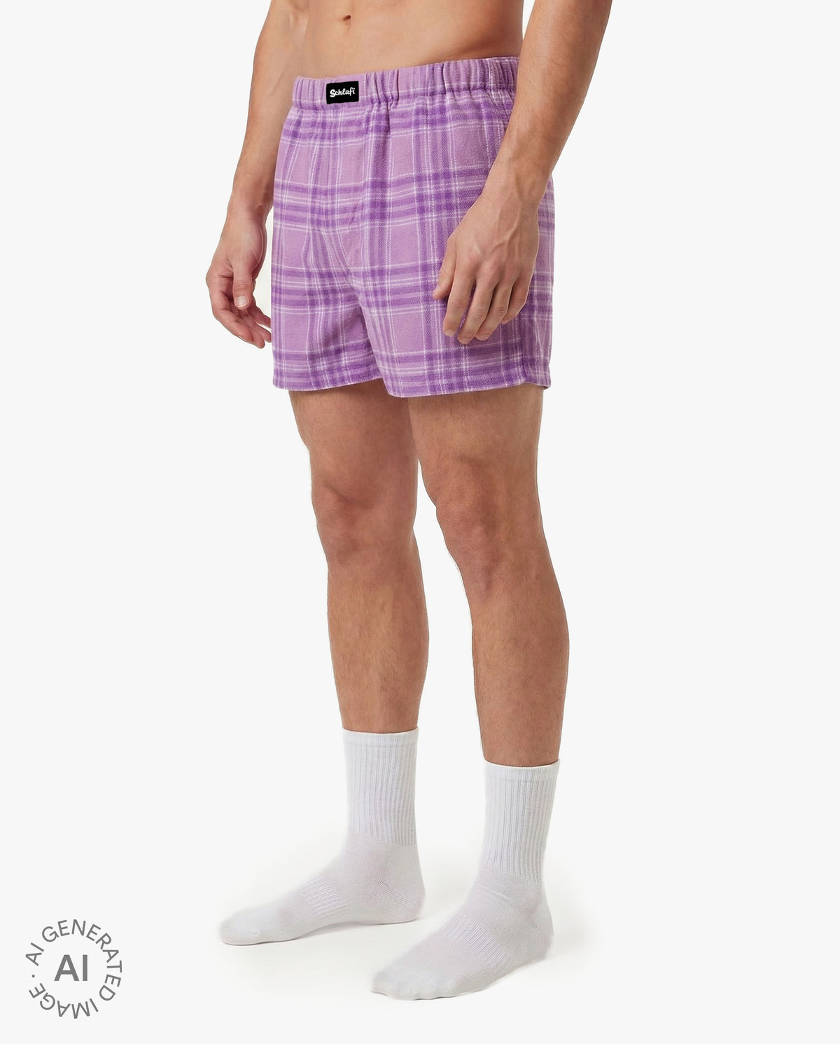 Schlafi Super Schorti in Wildberry –Lila karierte Freizeithose für Herren mit lockerem Schnitt“.