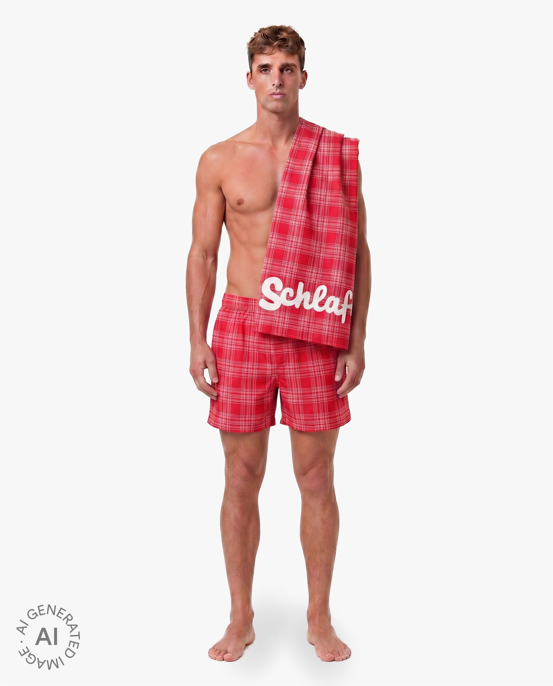 Model trägt rot karierte Shorts und präsentiert das passende Strandhandtuch mit weißem „Schlafi“-Schriftzug über der Schulter vor neutralem Hintergrund.