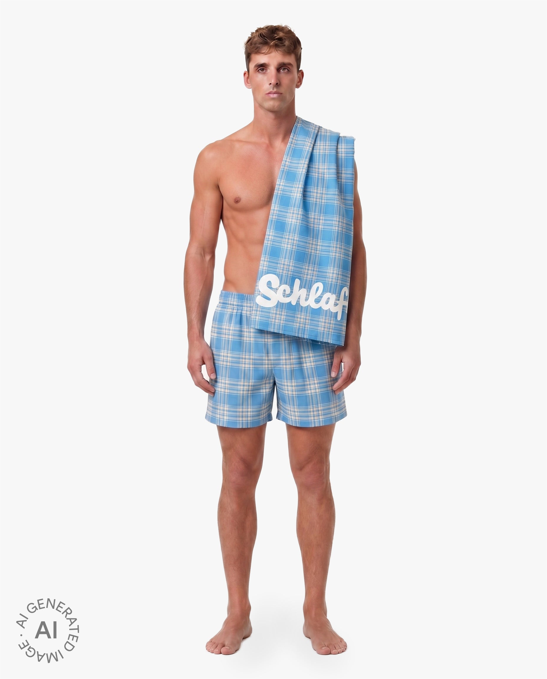 Model trägt blaue karierte Shorts und präsentiert das passende Strandhandtuch mit weißem „Schlafi“-Schriftzug über der Schulter vor neutralem Hintergrund.