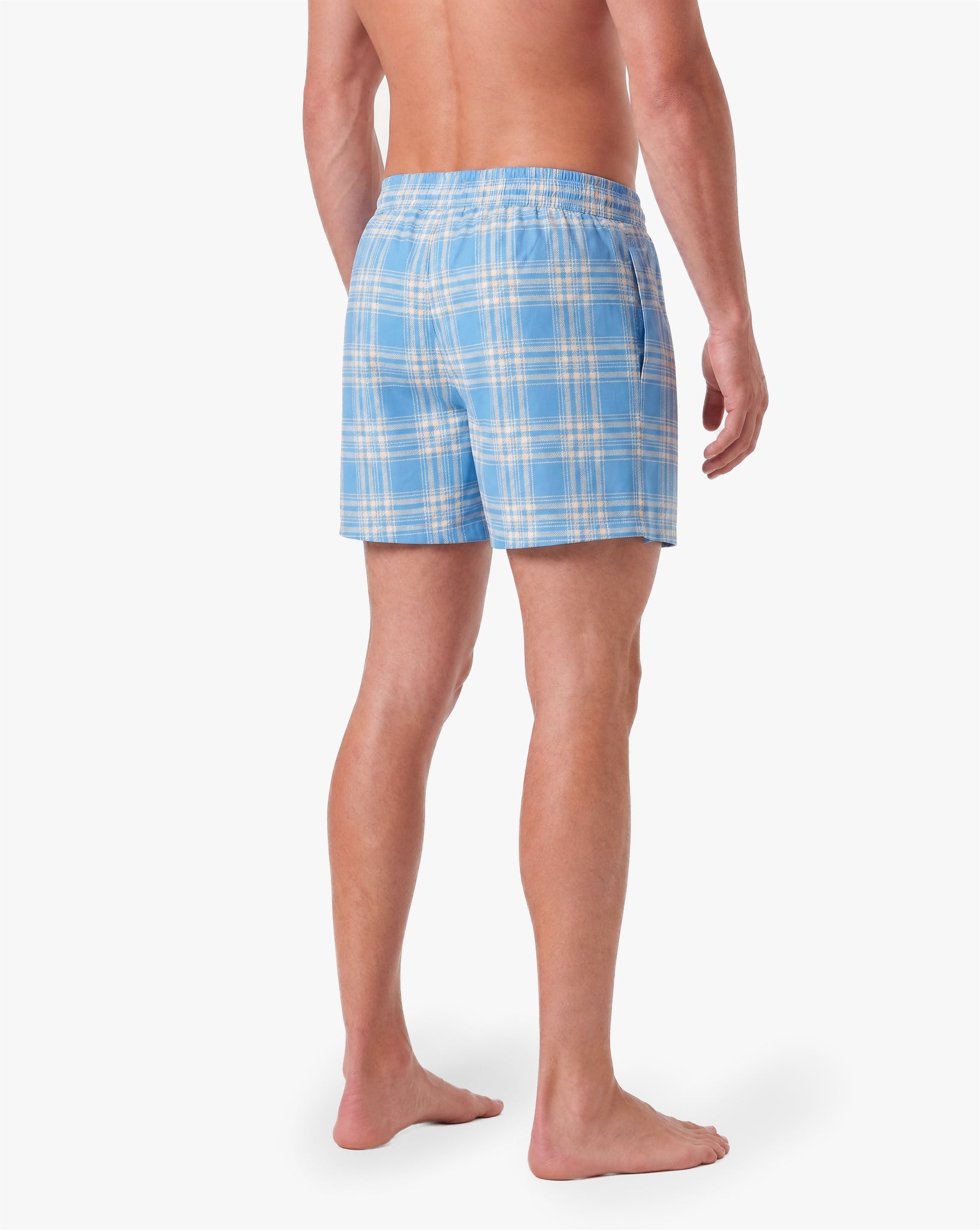 Alttext: Rückansicht eines männlichen Models in hellblauen Badeshorts mit weißem Karomuster. Die Shorts haben einen elastischen Bund und einen lockeren, knielangen Schnitt. Freigestellte Produktaufnahme vor grauem Hintergrund.