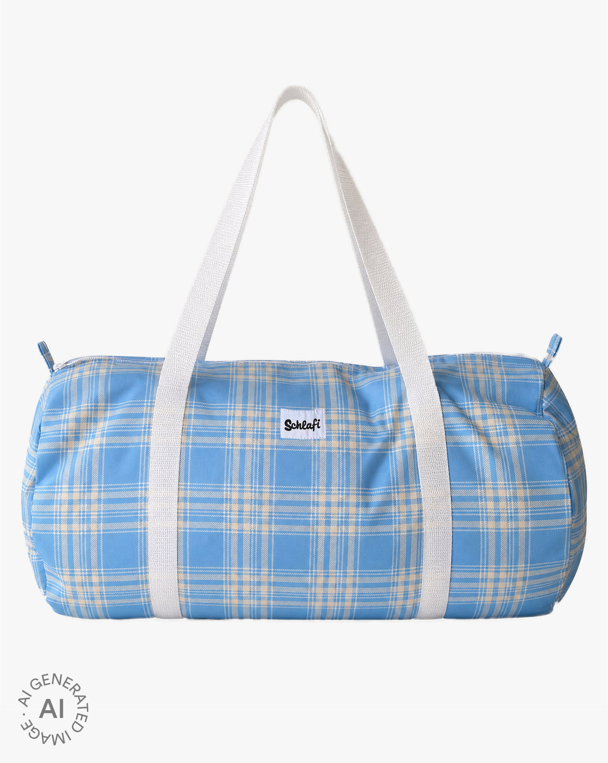 Schlafi Reisetasche in Hellblau mit kariertem Design und weißen Trageriemen, frontal auf hellem Hintergrund dargestellt.