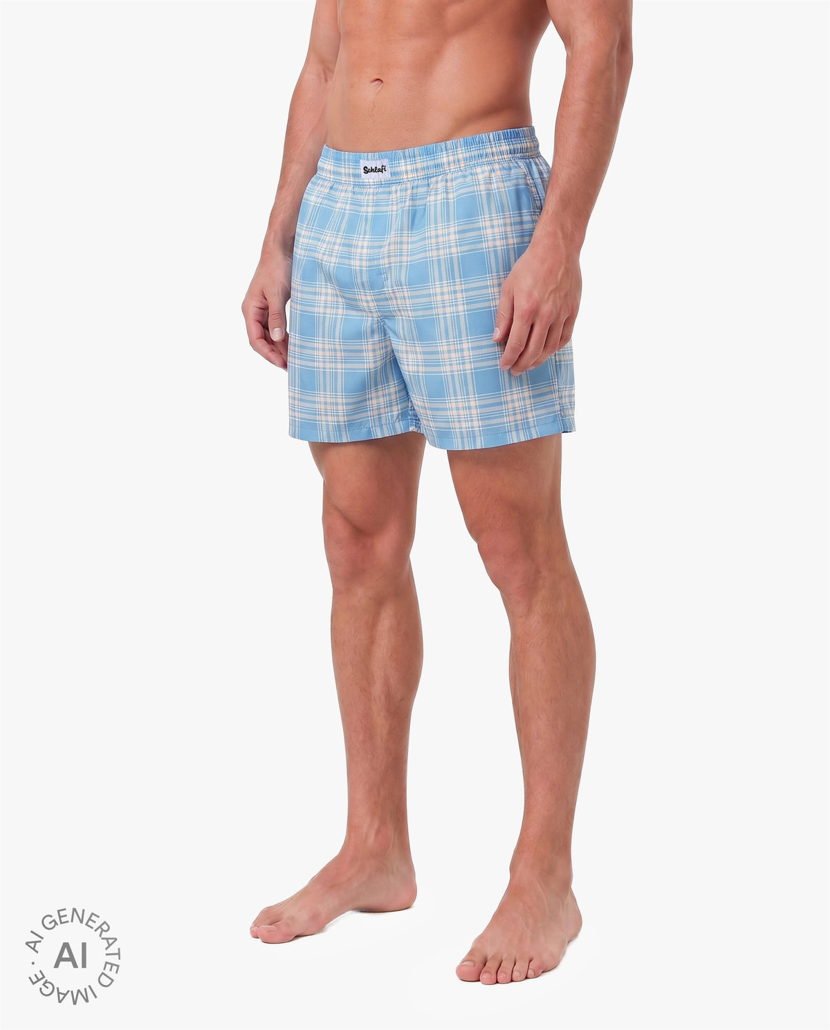 Alttext: Männliches Model trägt hellblaue Badeshorts mit weißem Karomuster. Die Shorts verfügen über einen elastischen Bund und eine lockere Passform. Freigestellte Produktaufnahme vor grauem Hintergrund.