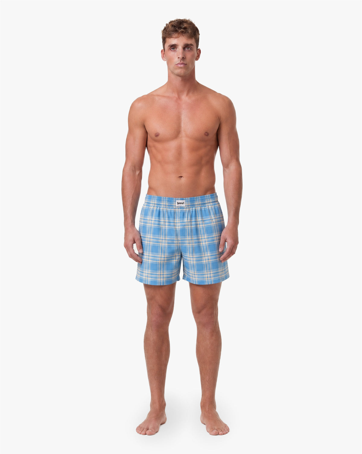 Alttext: Vorderansicht eines männlichen Models in hellblauen Badeshorts mit weißem Karomuster. Die Badehose hat einen elastischen Bund, seitliche Taschen und einen entspannten Schnitt. Freigestellte Produktaufnahme vor grauem Hintergrund.