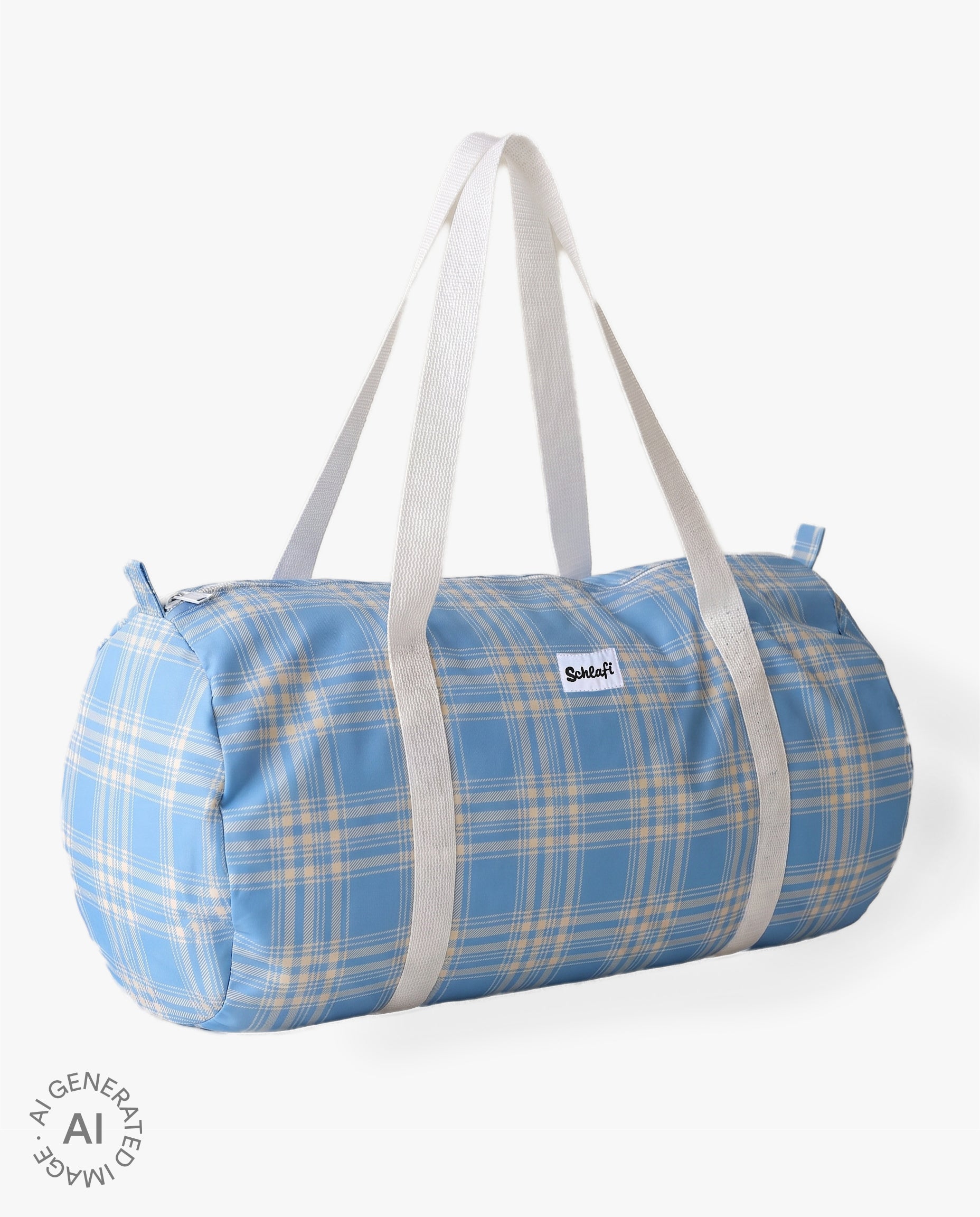Hellblaue Duffel Bag mit weißem Karomuster, langen weißen Henkeln und Reißverschluss, schräg von vorne fotografiert.