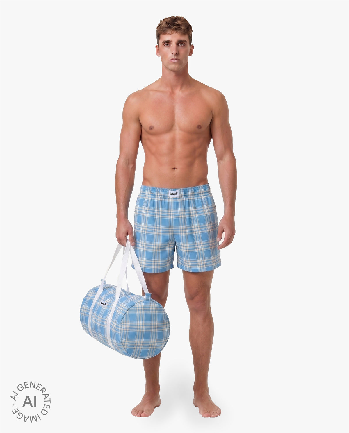 Model trägt hellblaue karierte Schlafshorts und hält eine passende hellblaue Reisetasche mit weißen Tragegriffen in der Hand.