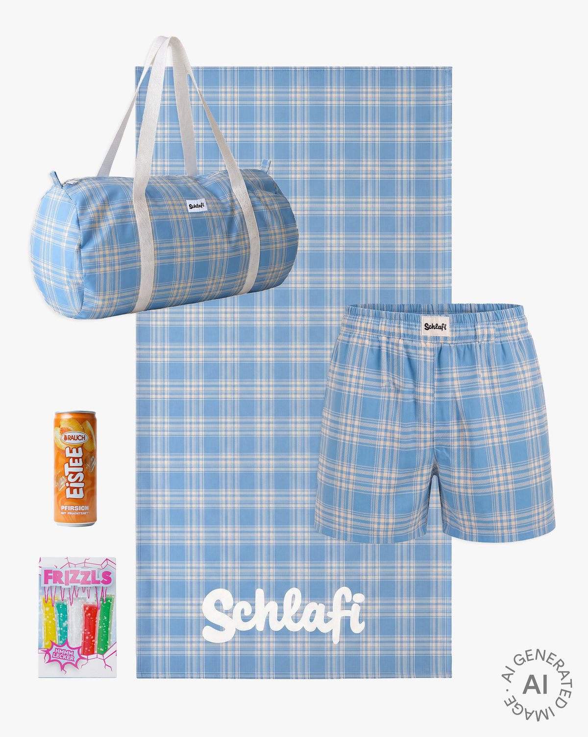 Schlafi Geschenkset in Hellblau mit kariertem Muster, bestehend aus Reisetasche, Schlafshorts und Handtuch mit großem Logo-Aufdruck. Ergänzt wird das Set durch eine Dose Pfirsich-Eistee und eine Packung Frizzls Wassereis.