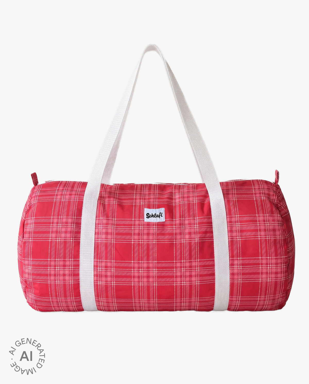 Zylinderförmige Schlafi Reisetasche in Rot mit feinem Karomuster, weißen Henkeln und kleinem Logo auf der Vorderseite.