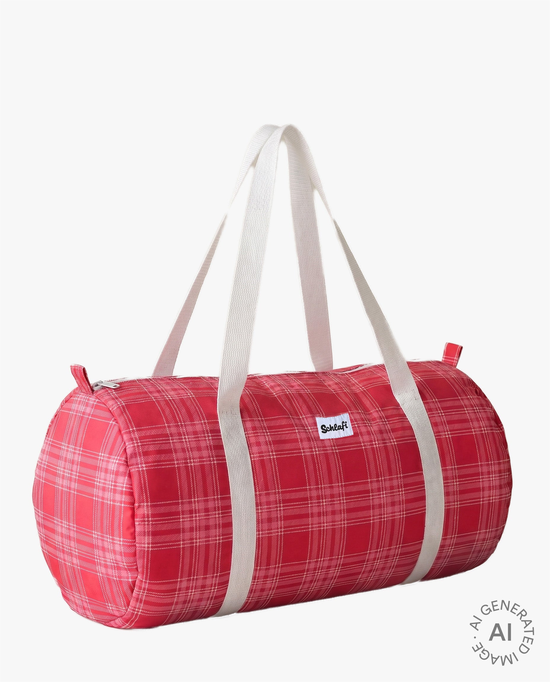 Rote Duffel Bag mit kariertem Design, weißen Trageriemen und Reißverschluss, schräg von vorne auf hellem Hintergrund dargestellt.