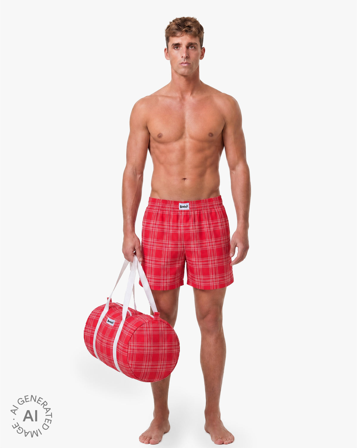 Model trägt rote karierte Schlafshorts und hält eine passende rote Reisetasche mit weißen Tragegriffen in der Hand.
