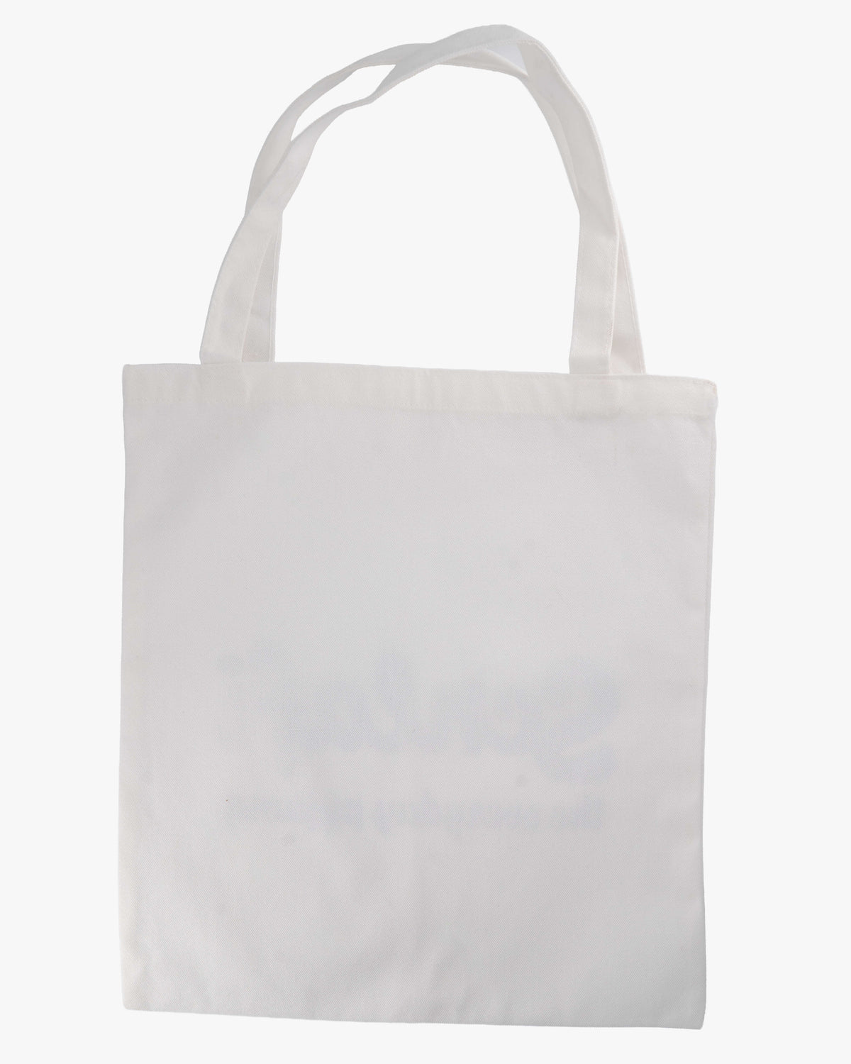 Rückseite einer weißen Stofftasche ohne sichtbaren Aufdruck, mit zwei Tragehenkeln.