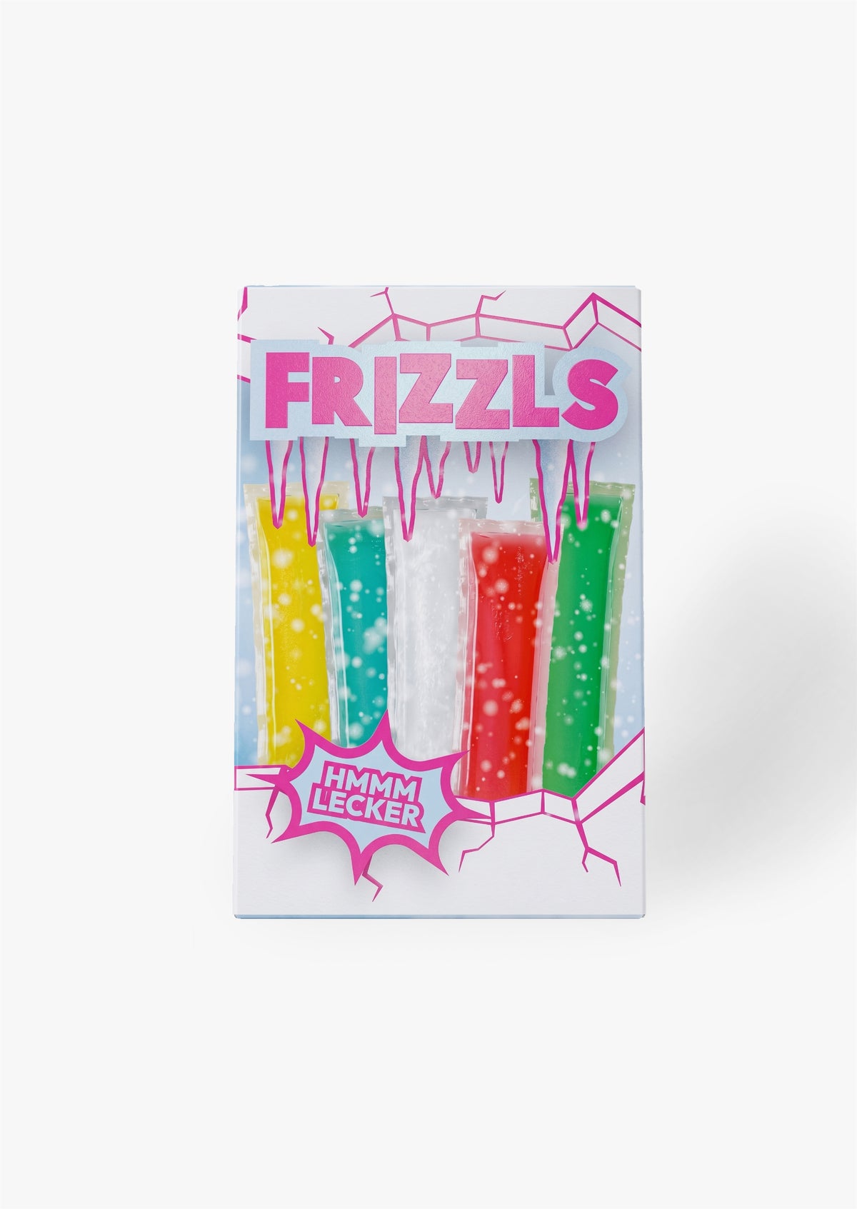 Packung Frizzls Wassereis mit fünf bunten Eisstangen in Gelb, Türkis, Weiß, Rot und Grün vor eisigem Hintergrund. Auf der Verpackung stehen die Schriftzüge „FRIZZLS“ und „HMMM LECKER“.