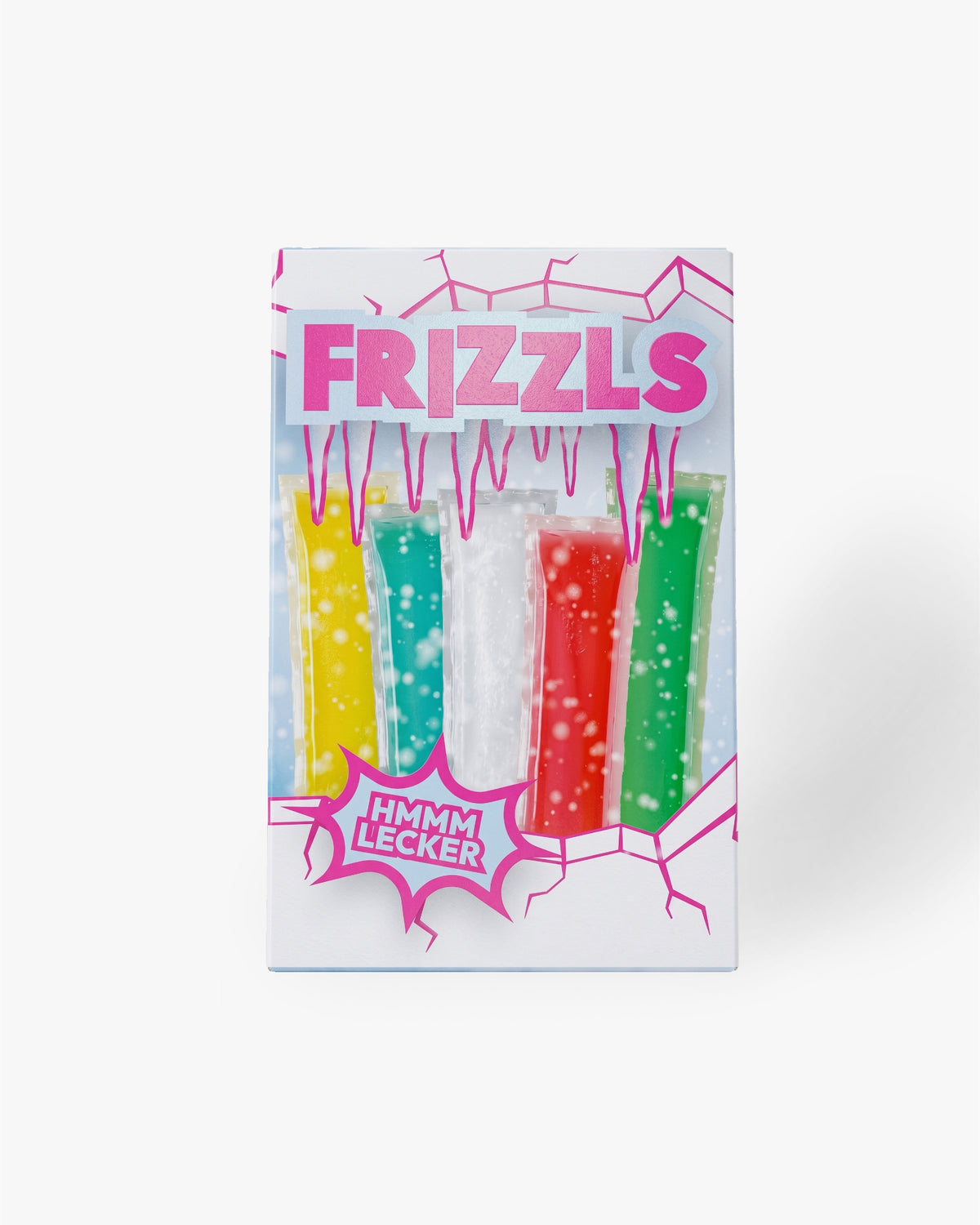 Packung Frizzls Wassereis mit fünf bunten Eisstangen in Gelb, Türkis, Weiß, Rot und Grün vor eisigem Hintergrund. Auf der Verpackung stehen die Schriftzüge „FRIZZLS“ und „HMMM LECKER“.