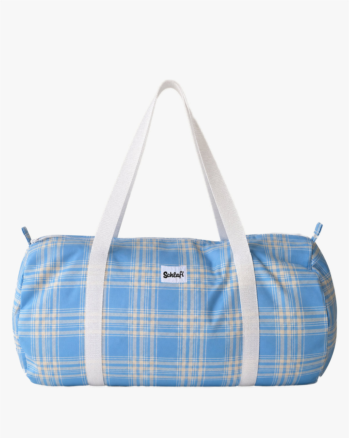 Schlafi Reisetasche in Hellblau mit kariertem Design und weißen Trageriemen, frontal auf hellem Hintergrund dargestellt.