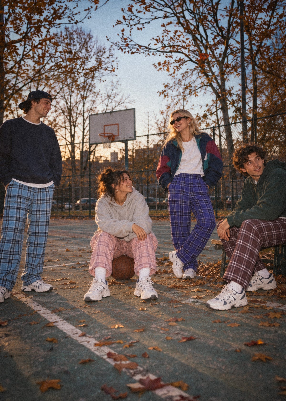 Vier junge Erwachsene in karierten Schlafi Pyjamahosen in Hellblau, Rosa, Dunkelblau und Braun auf einem herbstlichen Basketballplatz bei Abendsonne, kombiniert mit Sweatshirts, Hoodies und weißen Sneakern.