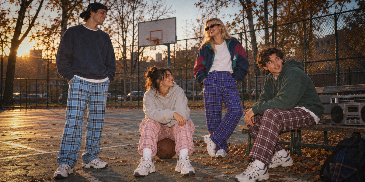 Vier junge Erwachsene in karierten Schlafi Pyjamahosen in Hellblau, Rosa, Dunkelblau und Braun auf einem herbstlichen Basketballplatz bei Abendsonne. Zwei sitzen auf einem Basketball und einer Bank mit Ghettoblaster, zwei stehen daneben.